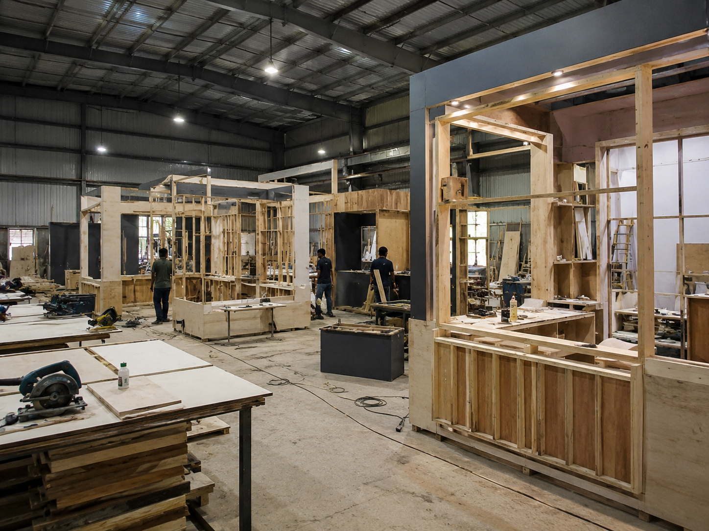 Bizcartel India fabrication workshop with stall structures under construction